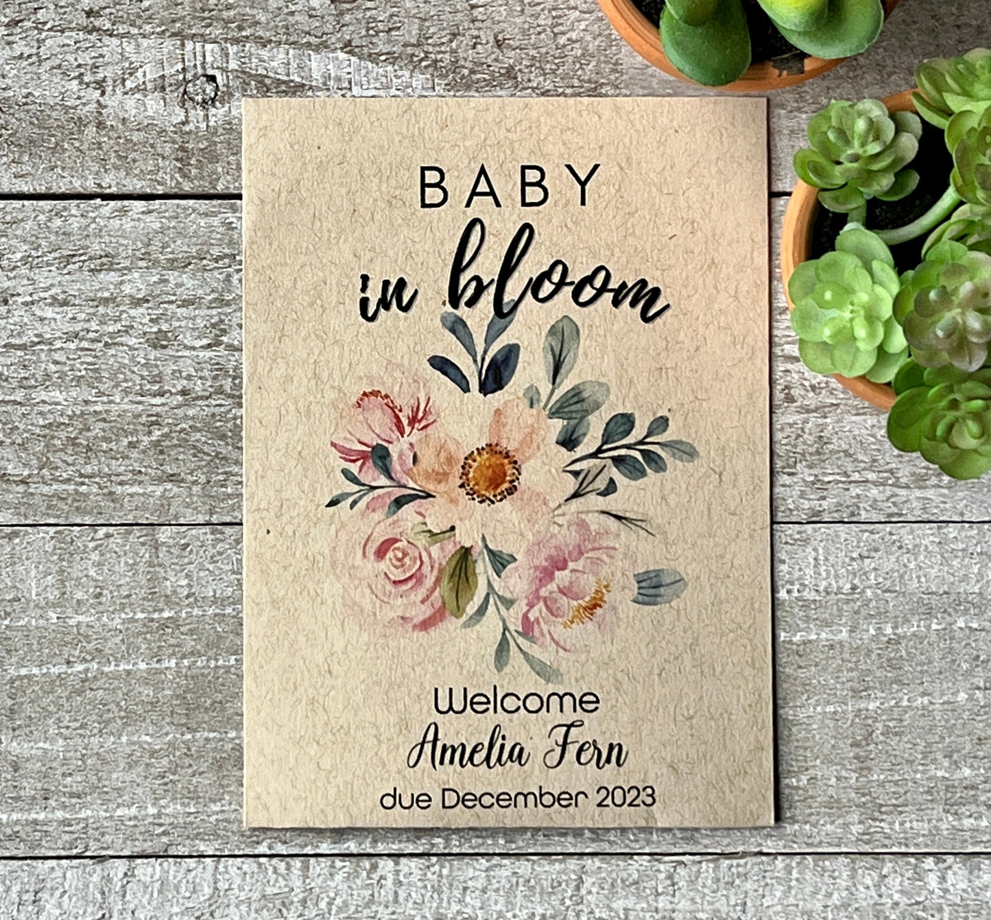 One brown seed packet with pink flowers and the words Baby in Bloom on it.