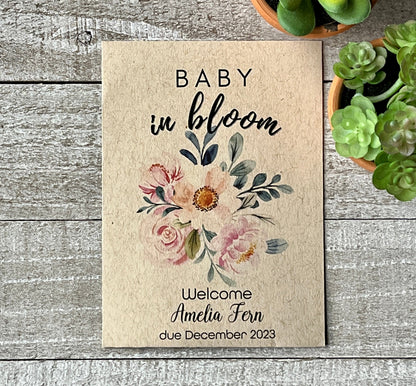 One brown seed packet with pink flowers and the words Baby in Bloom on it.