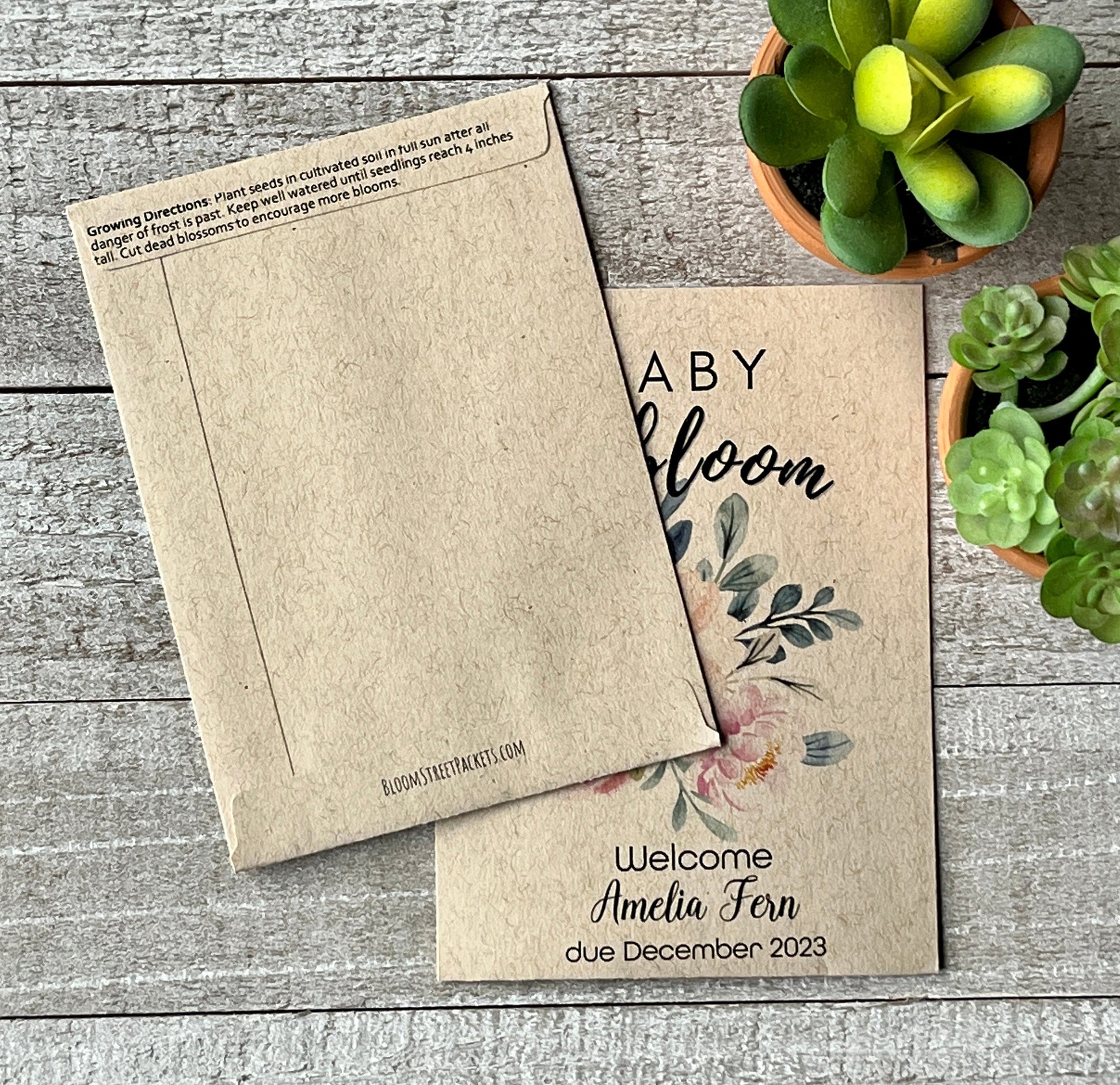 Two brown seed packets, one with flowers on the front, the other showing the back of the packet.