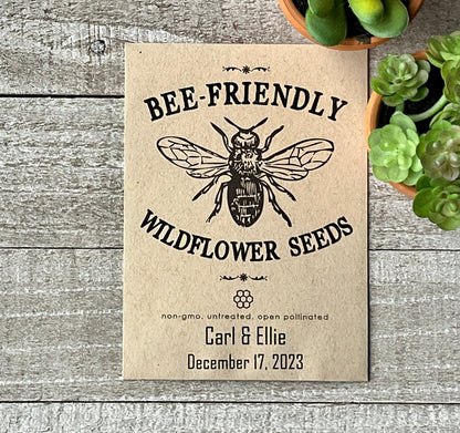 A brown seed packet that has a large line drawing of a bee and the words "bee-Friendly."