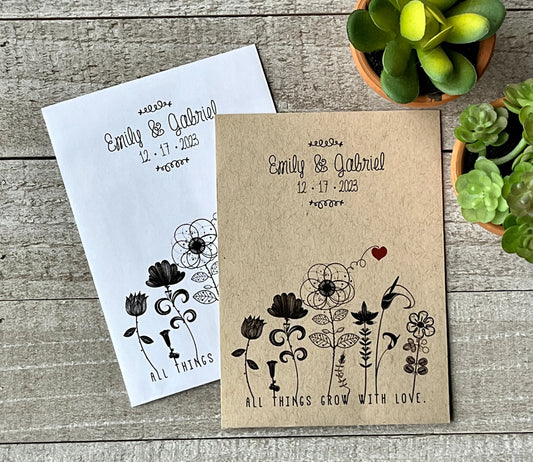 a white and brown seed packet with black line drawn flowers and a red heart along the bottom edge.