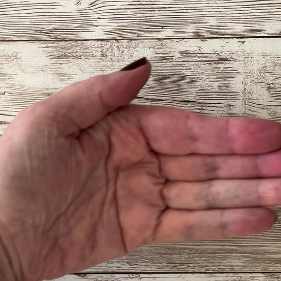 Wildflower seed mix seeds pouring out of white seed packet into the palm of a hand. There are about 200 seeds pictures, or about 1/4 teaspoon.